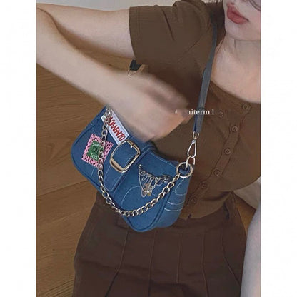 Women's Jean Denim Canvas Fashion Badge Underarm Shoulder Bags