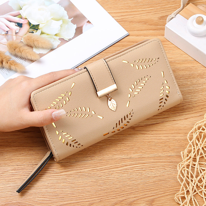 Women's Hollow Leaf Billfold Leather Korean Style Two Card Holder