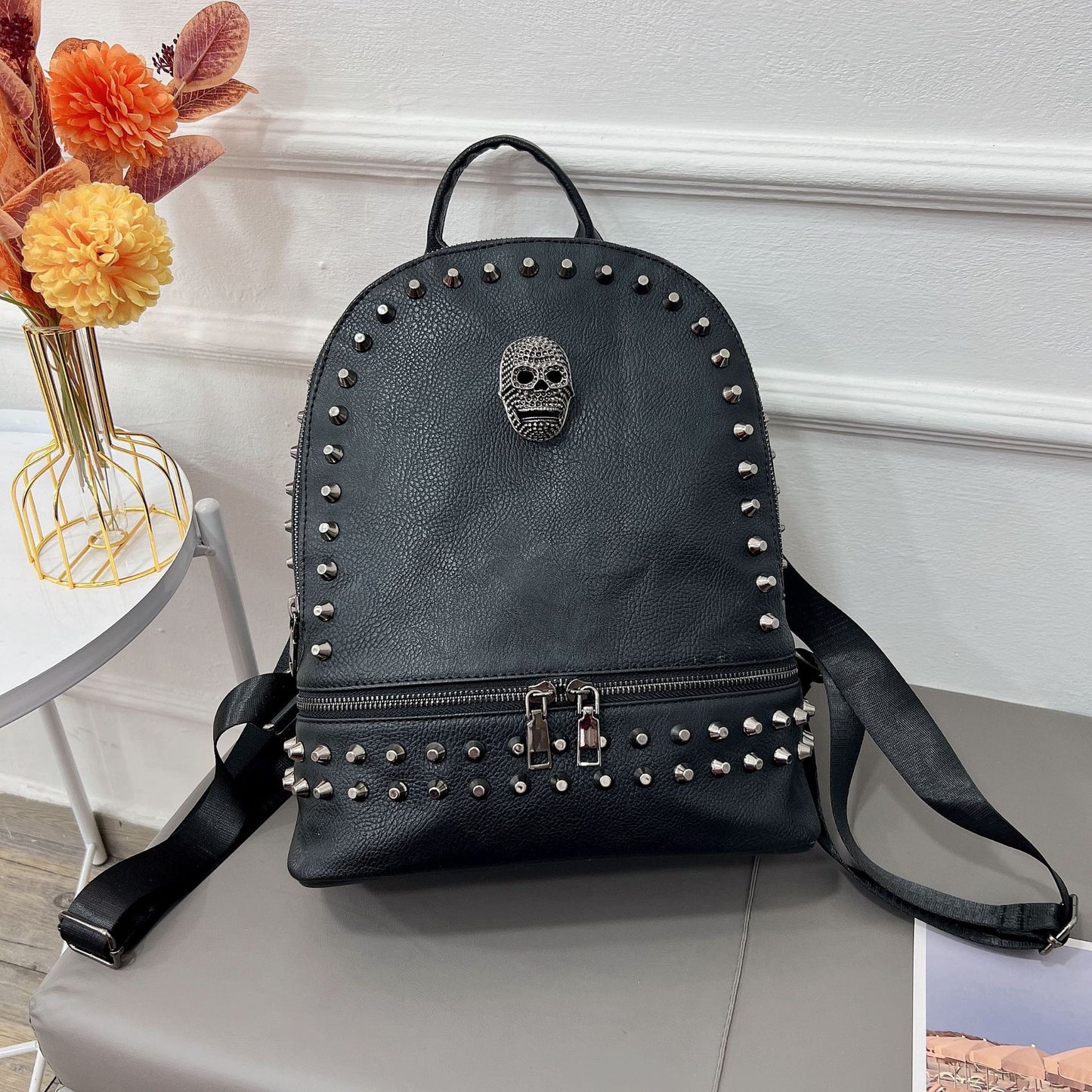 Women's Versatile Soft Leather Rivets Skull Plaid Backpacks