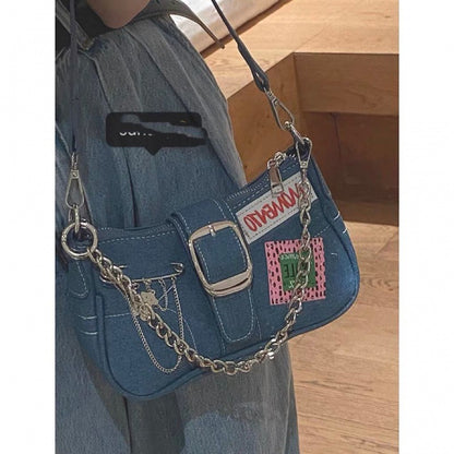 Women's Jean Denim Canvas Fashion Badge Underarm Shoulder Bags