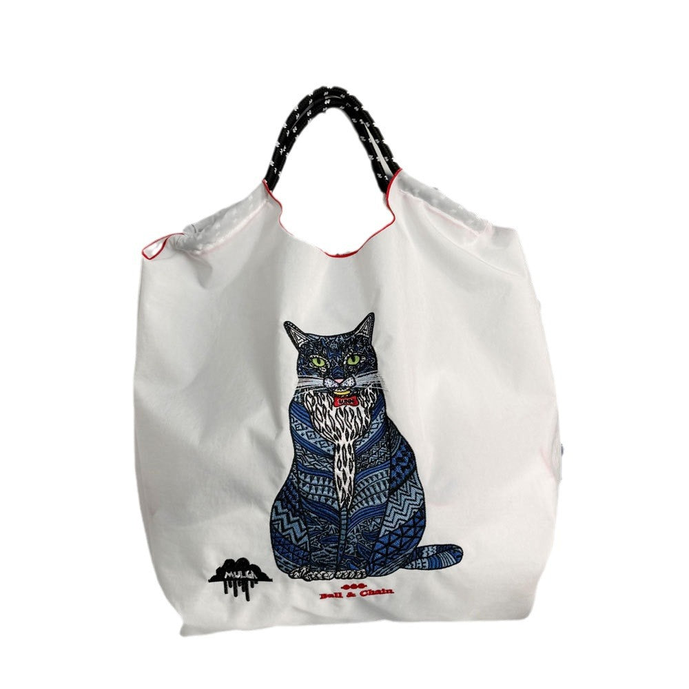 Cat Embroidered Shopping Large Capacity Nylon Handbags