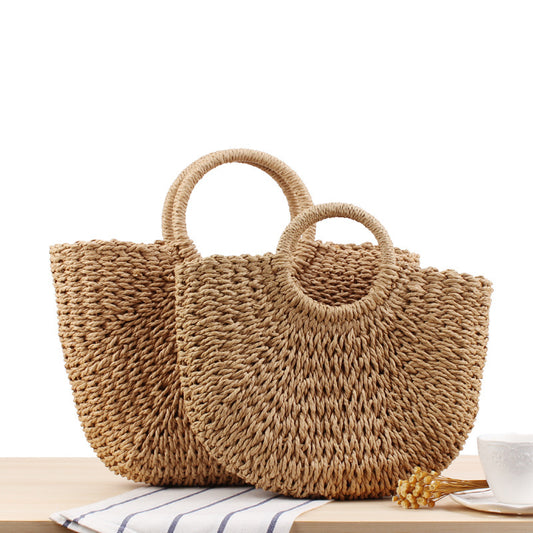 Mori Style Simple Hand Carrying Straw Solid Color Handbags