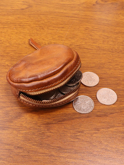 Women's Tanning Leather Retro Hand-rub Color Distressed Round Coin Purses