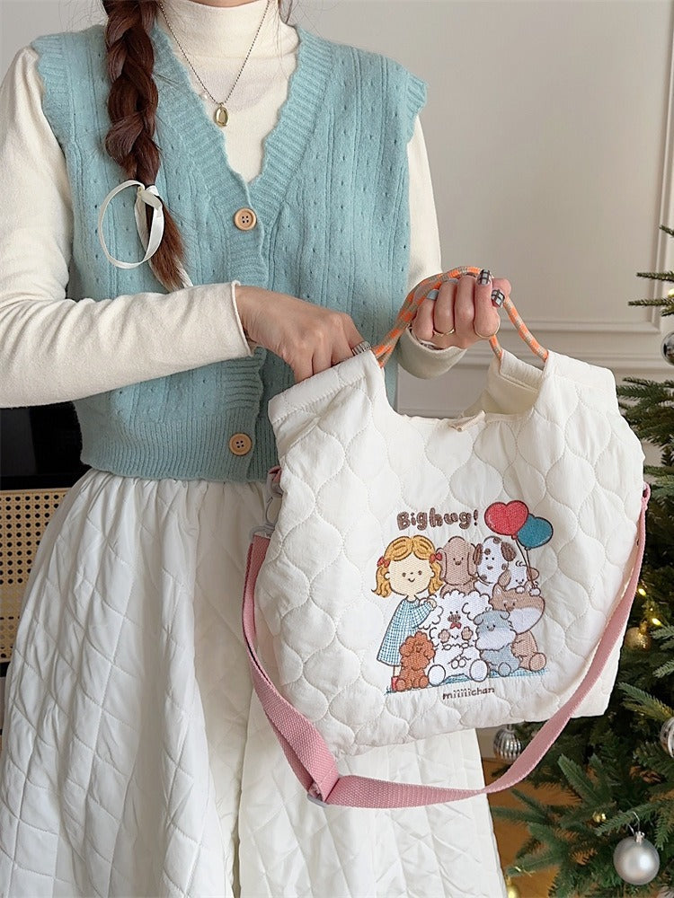 Korean Style Soft Cute Embroidered Quilted Cotton Large Capacity Handbags