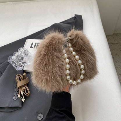 French Fashionable Pearl Tote Female Fur Crossbody Bags