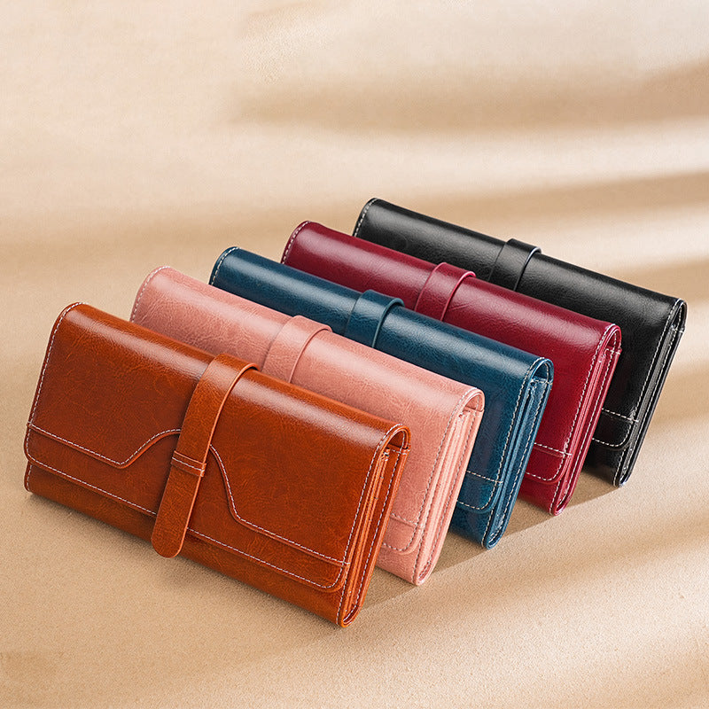 Women's High Quality Leather Long Brushing Oil Ladies Wallets