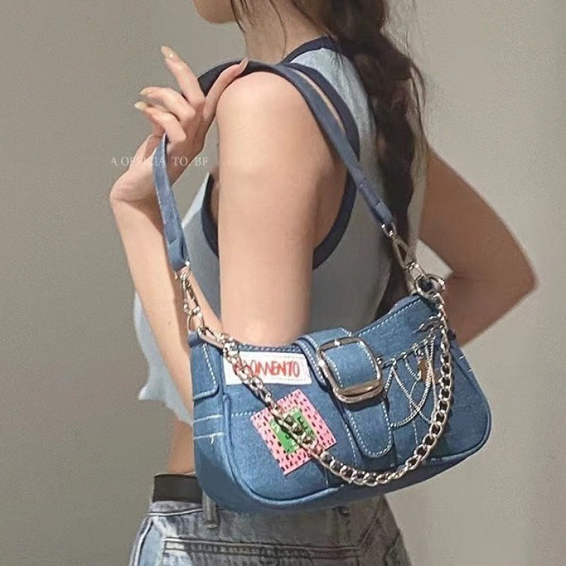 Women's Jean Denim Canvas Fashion Badge Underarm Shoulder Bags