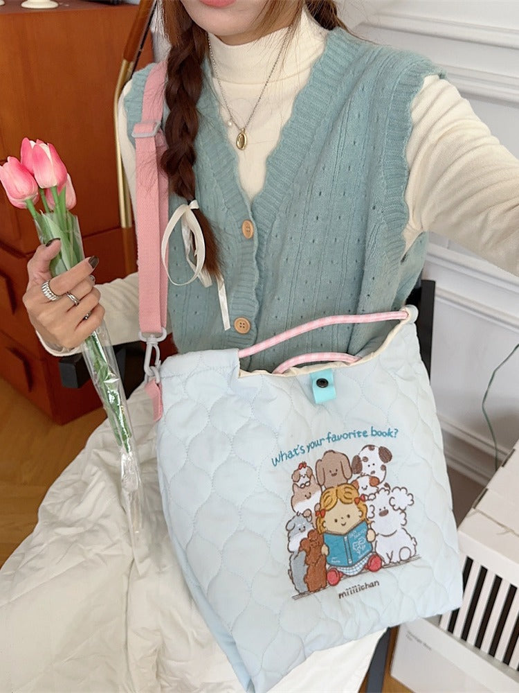 Korean Style Soft Cute Embroidered Quilted Cotton Large Capacity Handbags