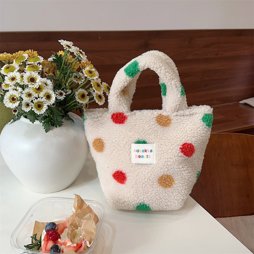 Women's Winter Fashion Plush Cute Polka Dot Handbags