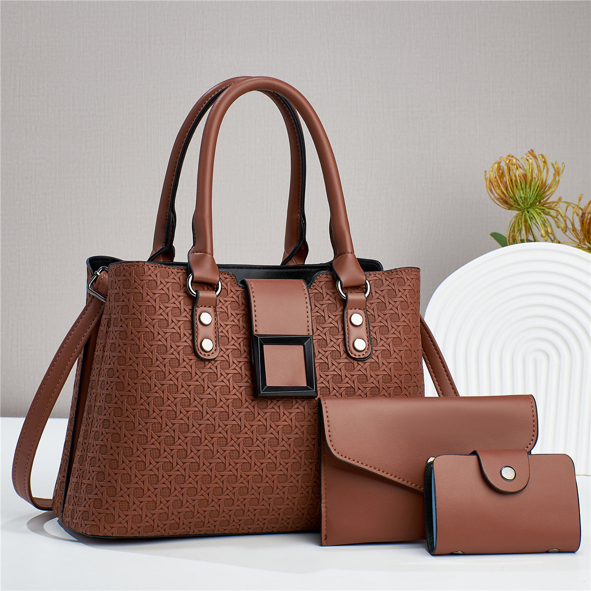 Women's Three-piece Rhombic Embossed Texture Large Capacity Handbags