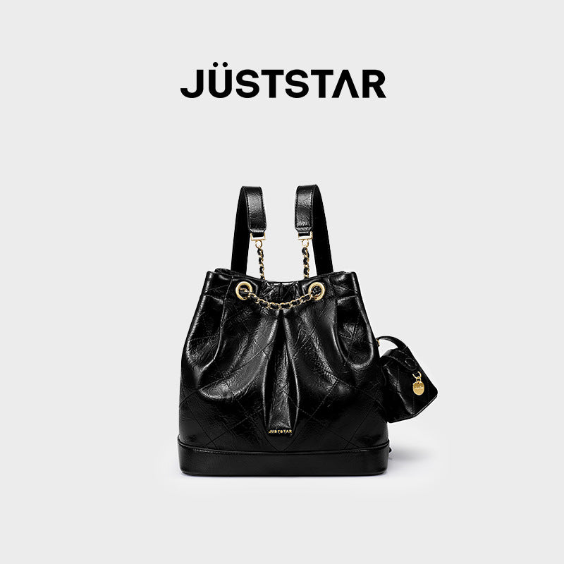 Women's Star Wandering High-grade Rhombus Oil Wax Leather Backpacks