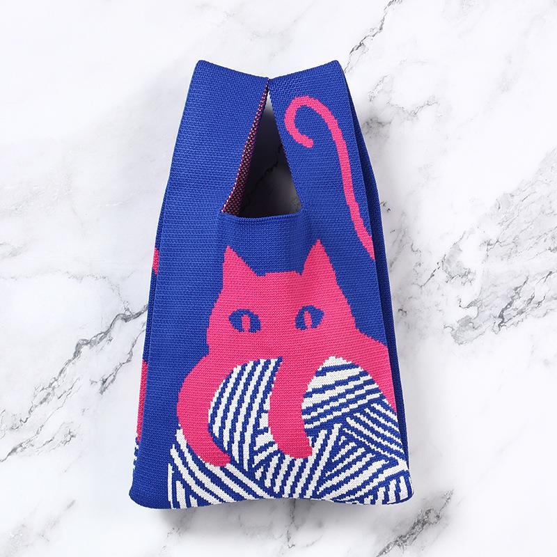 Sac à main tendance en tricot avec motif de chat mignon pour femme