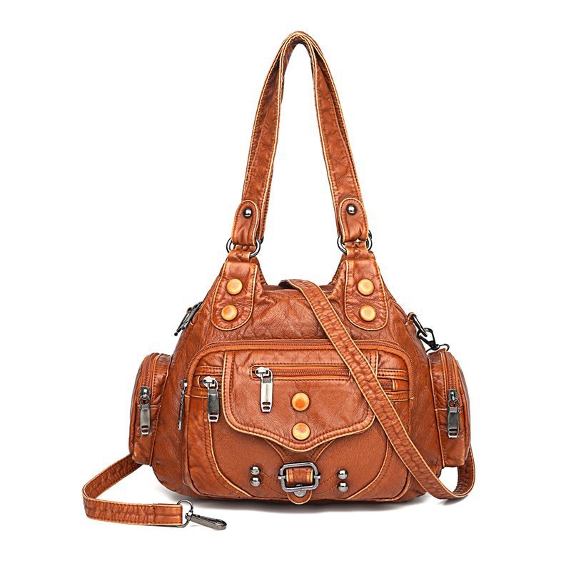 Women's Washed Leather Retro Fashion Rivet Soft Shoulder Bags