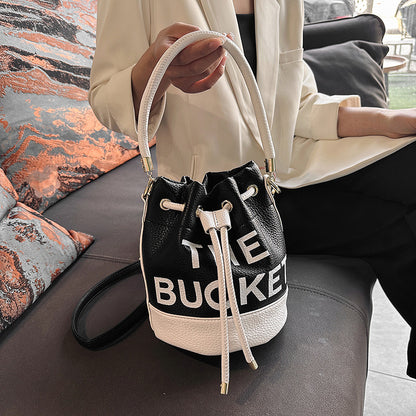 Women's Fashion Stitching Drawstring Portable Bucket Handbags