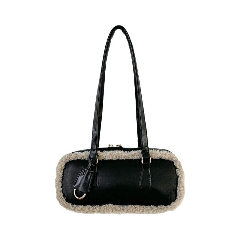 Women's Retro Lamb Wool Fashion Stitching Plush Shoulder Bags