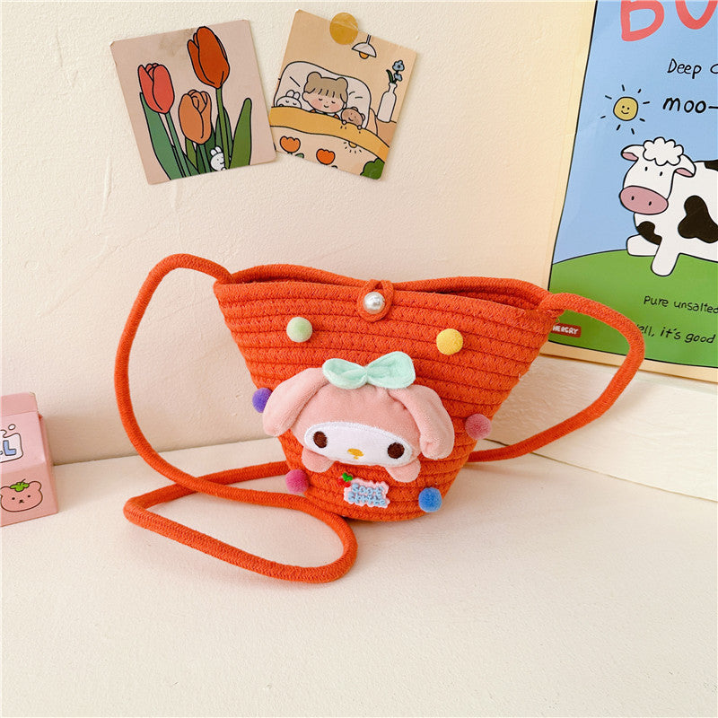 Children's Cute Cartoon Small Straw Mini Beach Children's Shoulder Bags