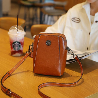 Women's Style Oil Wax Two Layers Leather Phone Bags