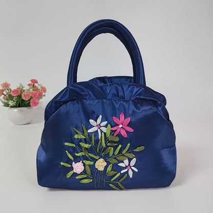 Women's Zipper Handmade Ribbon Embroidered Mom Shopping Handbags