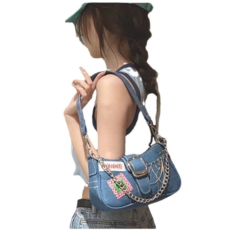 Women's Jean Denim Canvas Fashion Badge Underarm Shoulder Bags