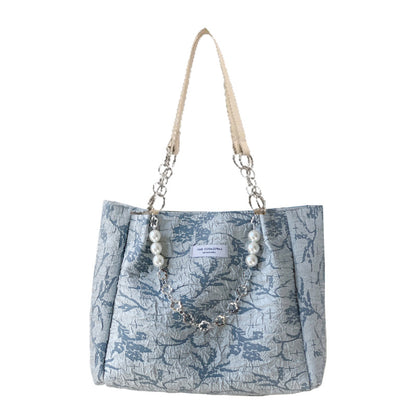 Women's Sea Salt Blue Jacquard Canvas Tote Shoulder Bags