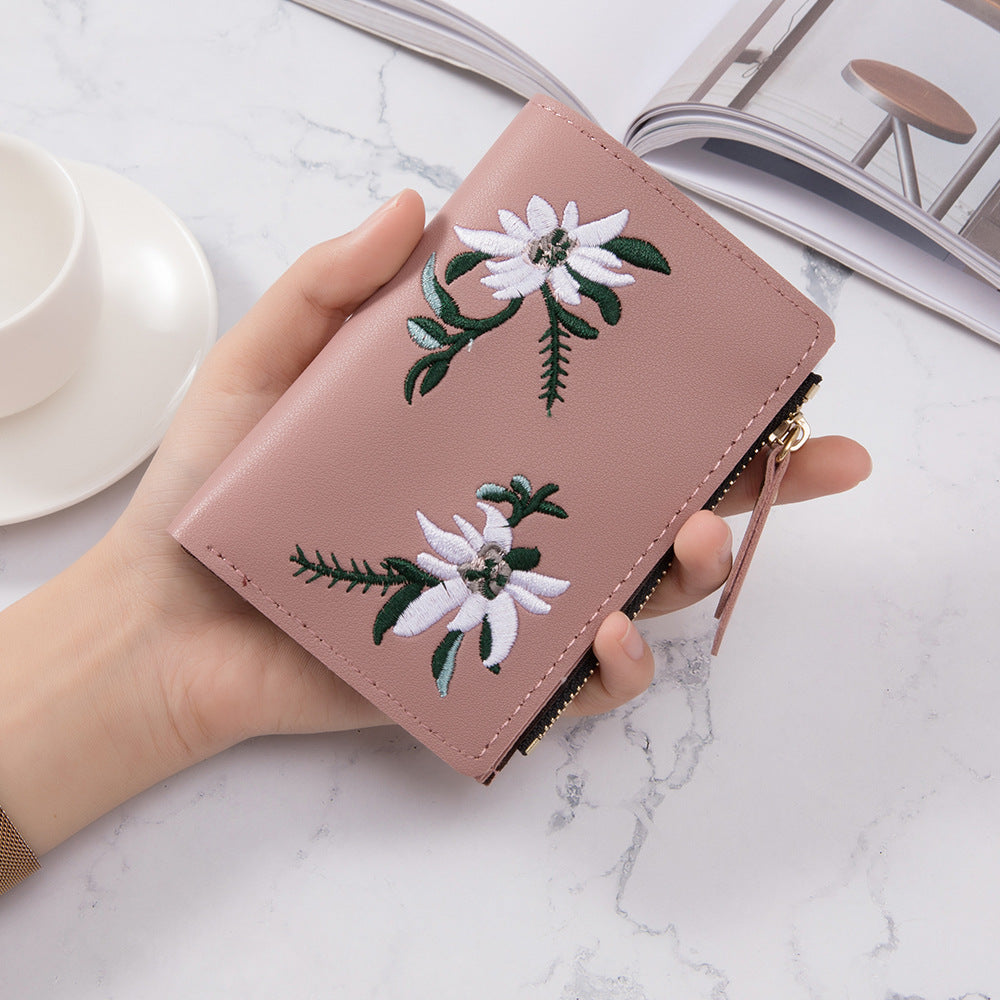 Women's Small Short Embroidery Flower Simple Zipper Ladies Wallets