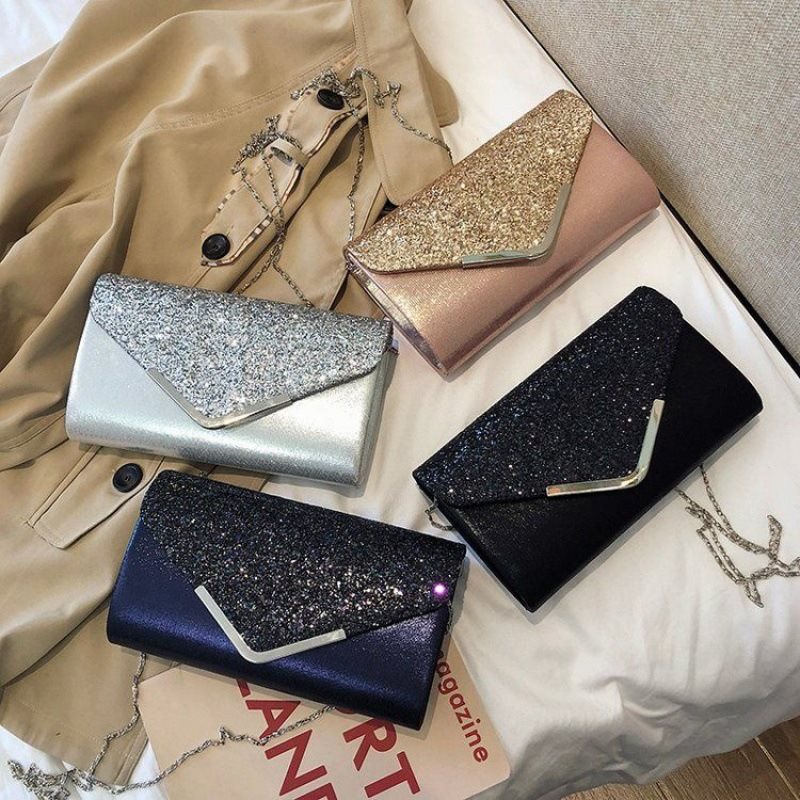 Women's Fashion Clutch Sequined Leather Magnetic Snap Handbags