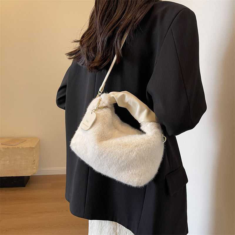 Women's High-grade Pleated Portable Furry Plush Simple Shoulder Bags