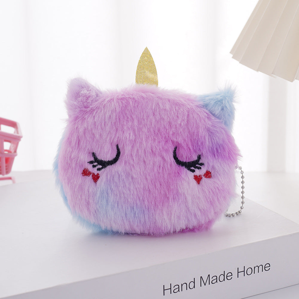 Mini porte-monnaie pour enfants en peluche avec motif de dessin animé et licorne