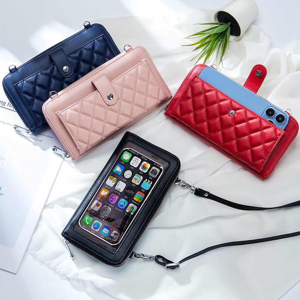 Sacs pour téléphone portable en cuir véritable pour femmes avec écran tactile et motif losange