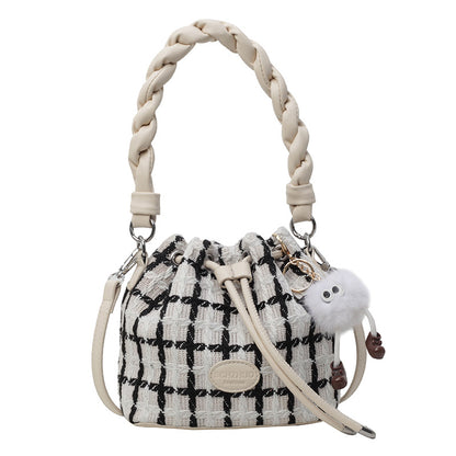 Women's Korean Style Check Woolen Bucket Simple Shoulder Bags