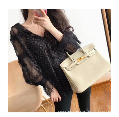 Women's Trendy Head Layer Cowhide Lychee Pattern Shoulder Bags