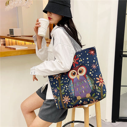 Women's Style Retro Portable Canvas Large Embroidery Shopping Shoulder Bags