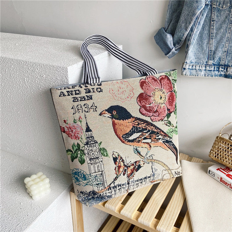 Women's Style Retro Portable Canvas Large Embroidery Shopping Shoulder Bags