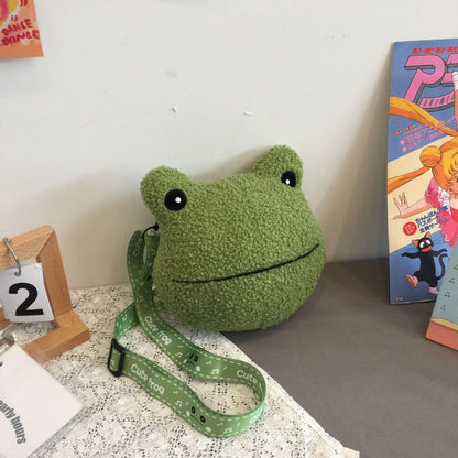 Sacs à bandoulière pour enfants en peluche grenouille verte solitaire et drôle