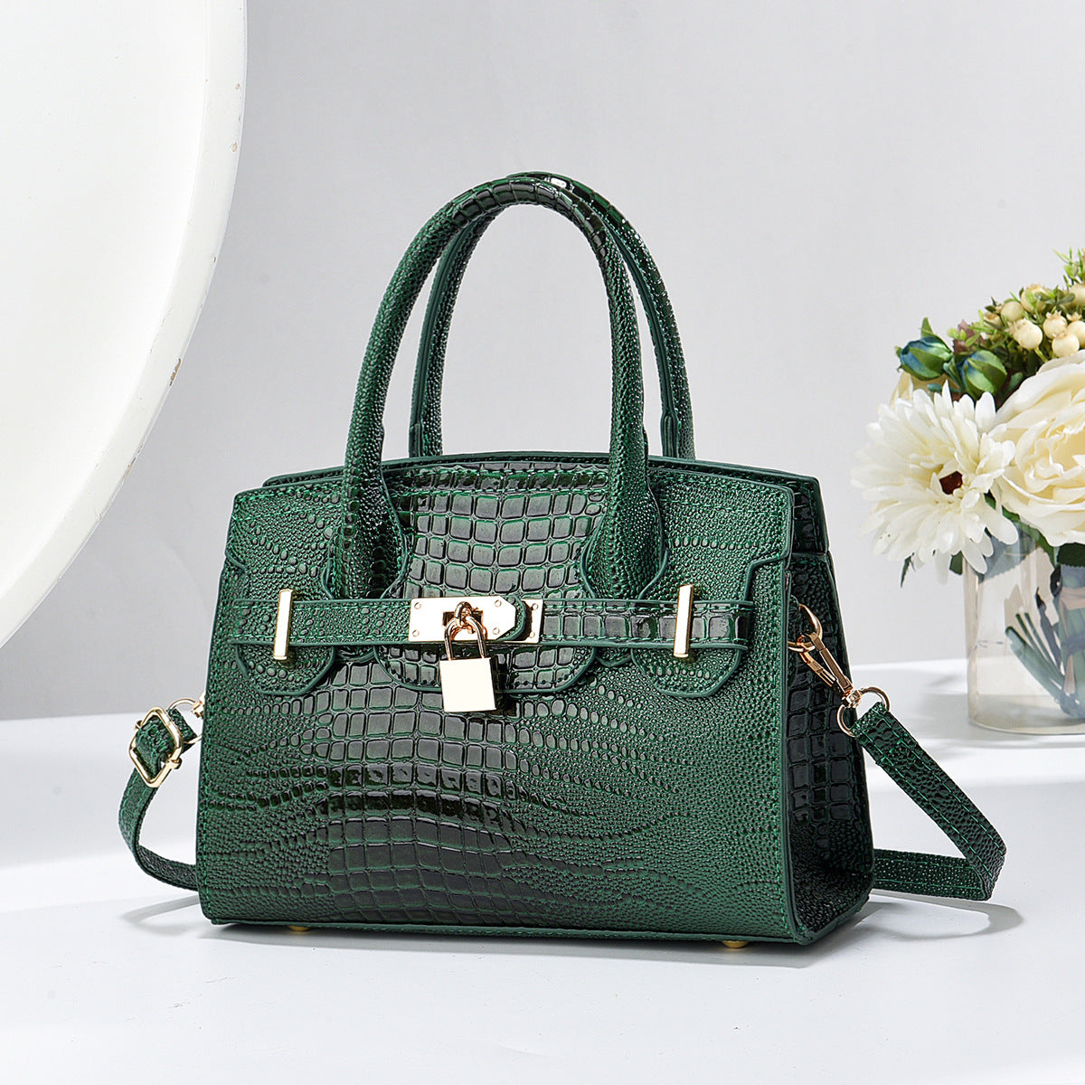 Beautiful Bright Leather Stone Pattern Alligator Handbags