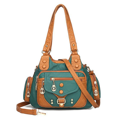 Women's Washed Leather Retro Fashion Rivet Soft Shoulder Bags