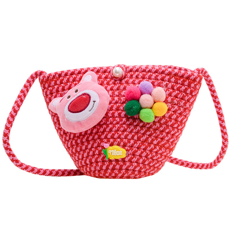 Women's & Children's & Summer Fashion Straw Cartoon Plush Children's Shoulder Bags