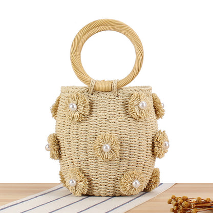 Women's Hand-held Straw Bucket Woven Hand-woven Flower Handbags