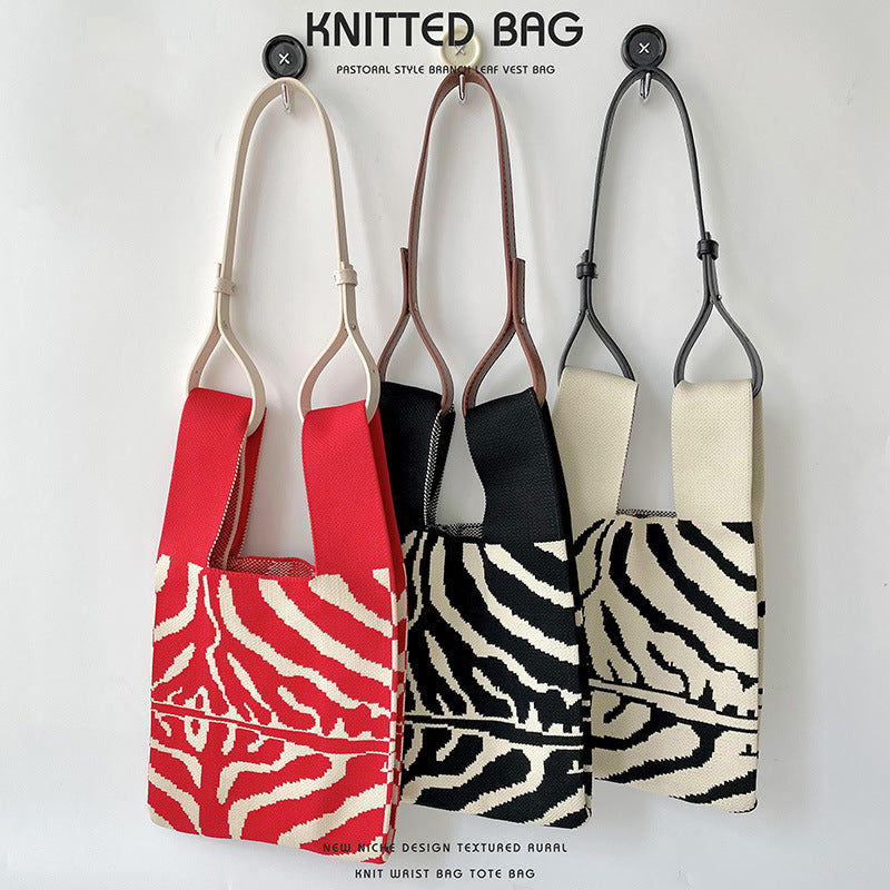 Zebra Pattern Knitted Personalized Versatile Large Shoulder Bags