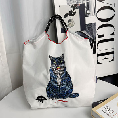 Cat Embroidered Shopping Large Capacity Nylon Handbags