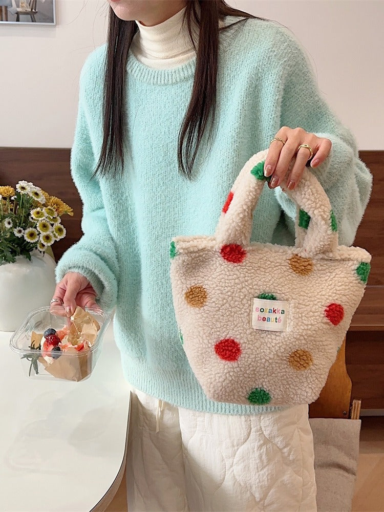 Women's Winter Fashion Plush Cute Polka Dot Handbags