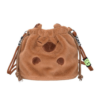 Cute Drawstring Khaki Barra Plush Heart Crossbody Bags