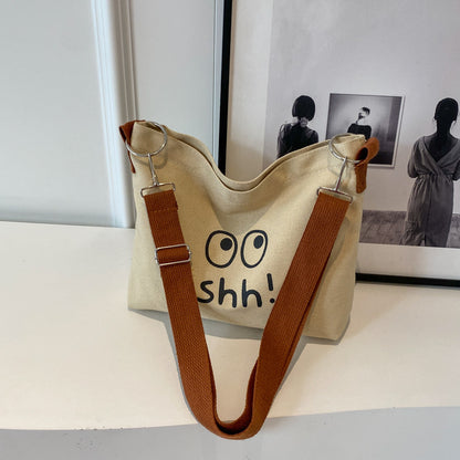 Women's Canvas Big Korean Simple Artistic Smiley Shoulder Bags