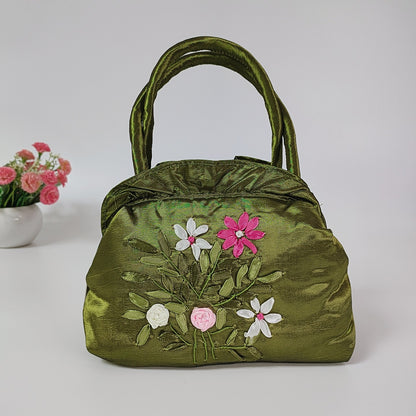 Women's Zipper Handmade Ribbon Embroidered Mom Shopping Handbags