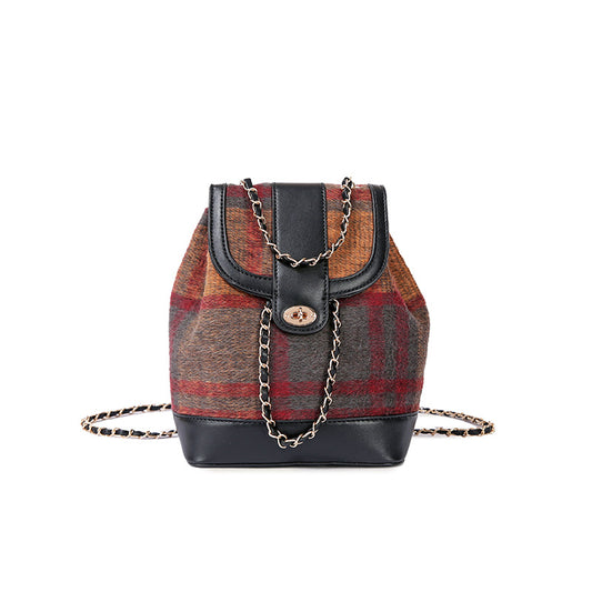 Women's Woolen Classic Style Plaid Chain College Backpacks