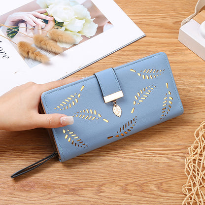 Women's Hollow Leaf Billfold Leather Korean Style Two Card Holder