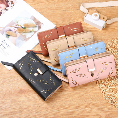 Women's Hollow Leaf Billfold Leather Korean Style Two Card Holder