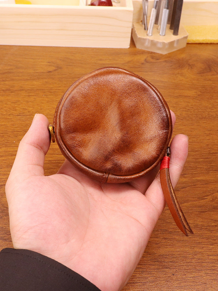 Women's Tanning Leather Retro Hand-rub Color Distressed Round Coin Purses