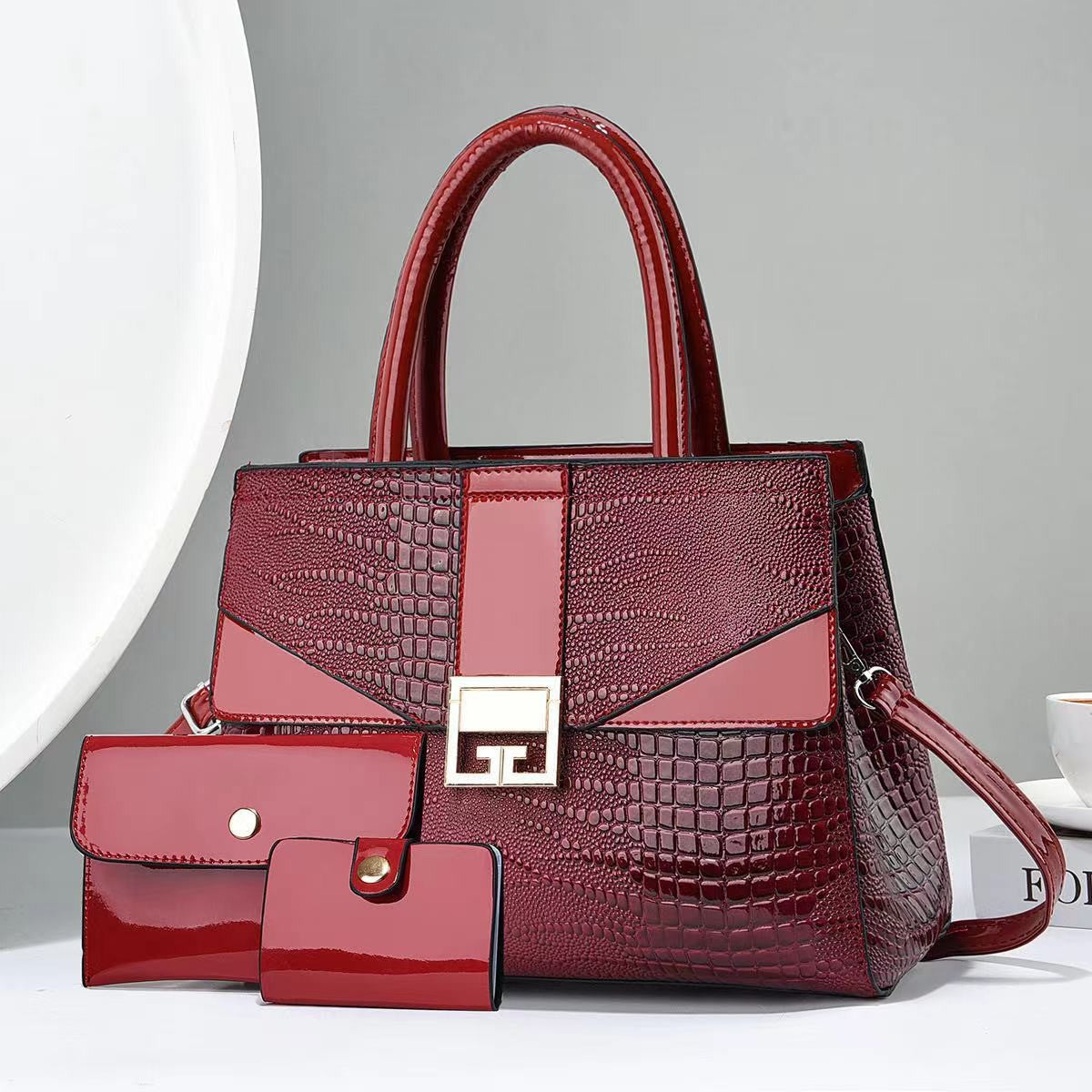 Women's Trendy Large Capacity Embossed Bright Leather Handbags