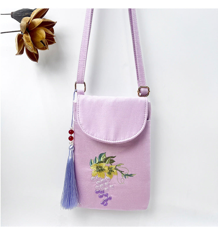 Women's Bright Silk Satin Embroidery Flip Ancient Phone Bags